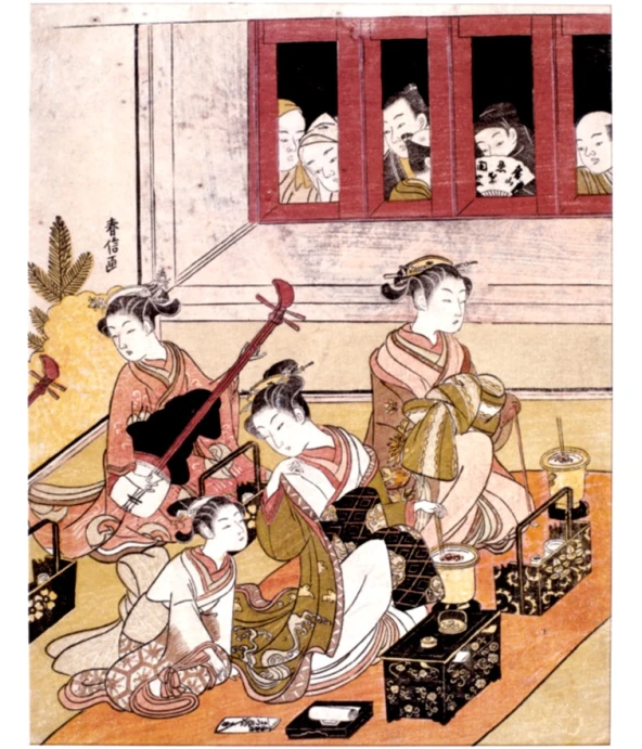 an old fashioned illustration shows three people in oriental clothing, one of which is playing a guitar