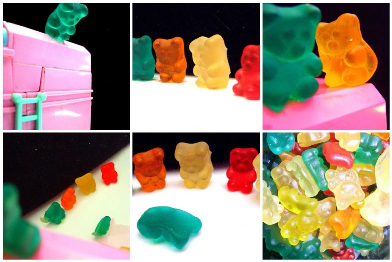 a collage of different gummy bears with a freezer