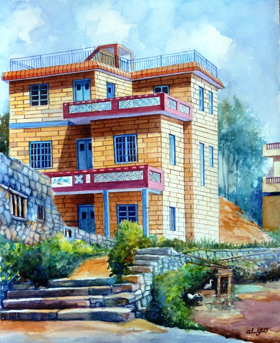 the painting shows a large, three - story building near a park