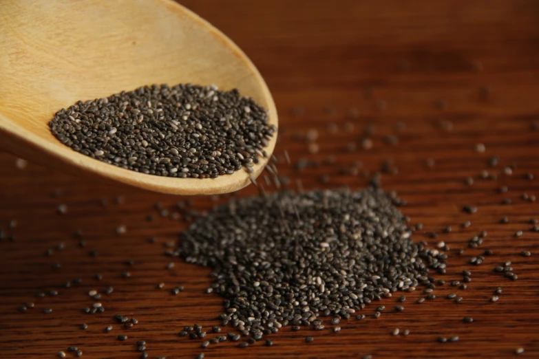 a wooden spoon full of chia seeds on a table