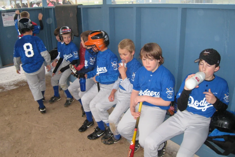 small boys are lined up in the dugout for a baseball game