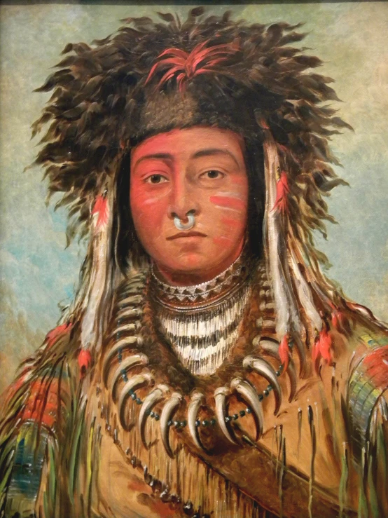 a painting of a native american indian man wearing a feather hat