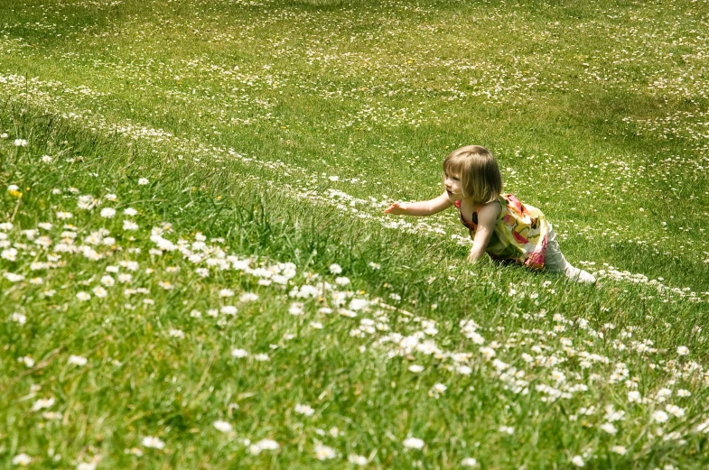 a  crouches down in the grass