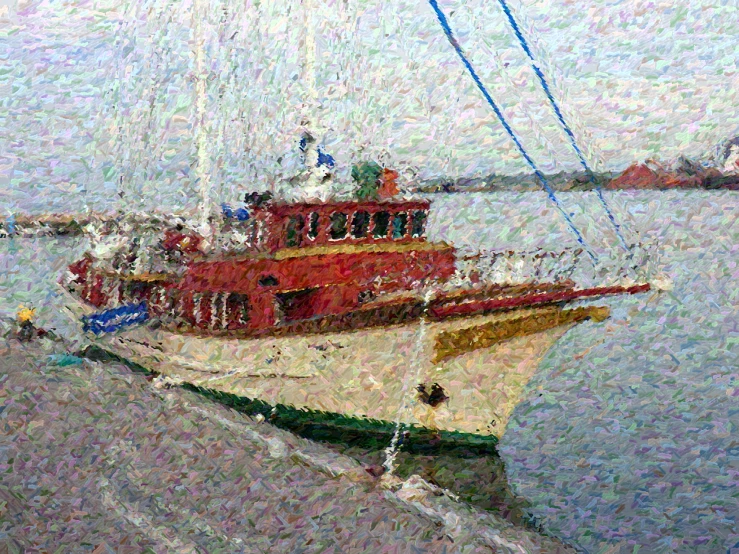 a colorful red boat moored on a beach