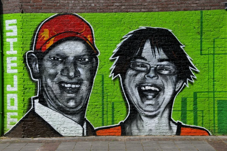 two men painted on a wall near each other