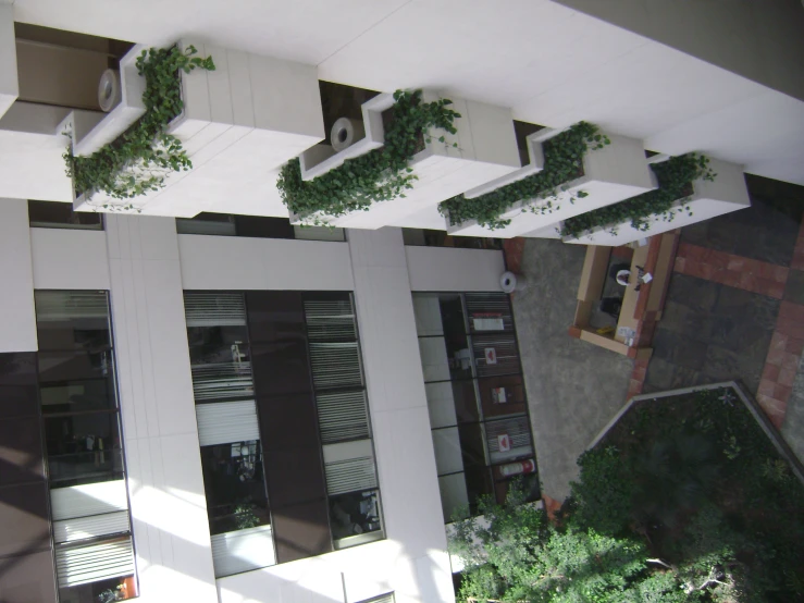 overhead view of a building that has vertical trees in its windows