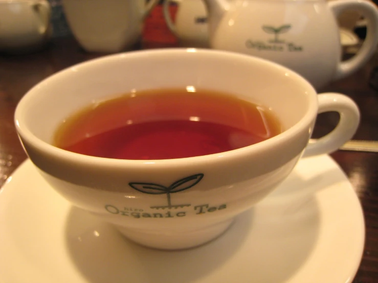 there is an image of a cup filled with tea on the table