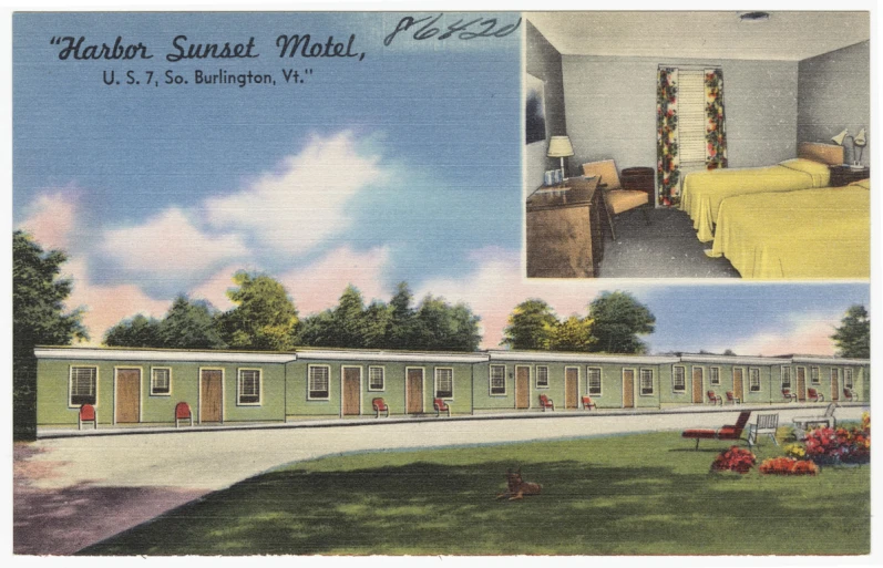 a postcard featuring motels and their guests