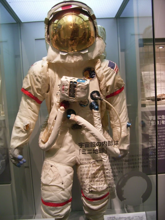 a display case in a museum containing an astronaut's spacesuit