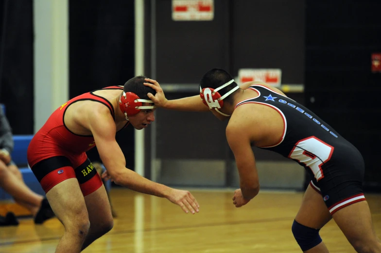 two wrestlers stand before they go through the wrestling match