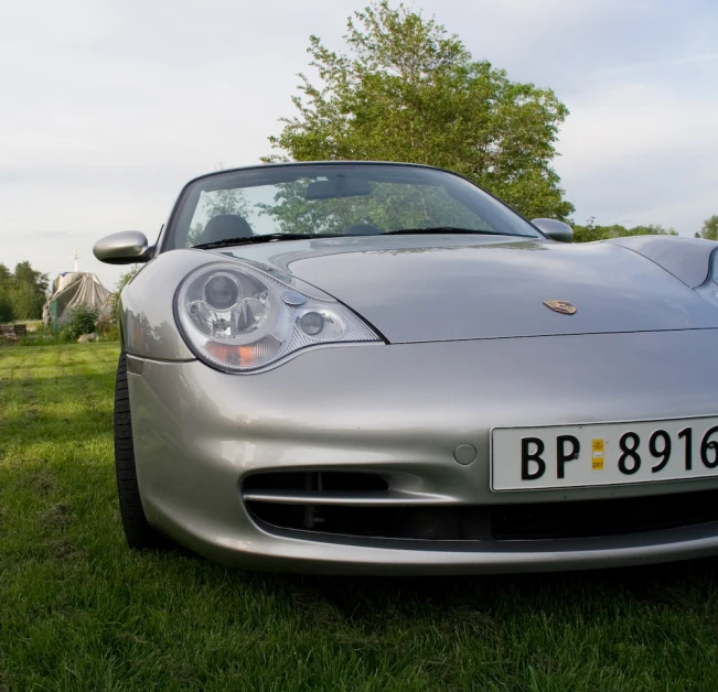 a silver sports car is sitting on the grass