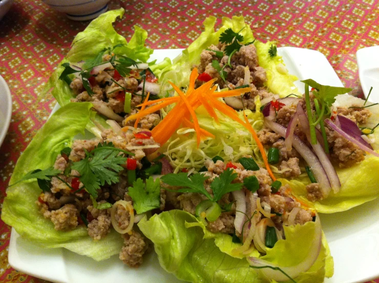 a white plate filled with lettuce and meat