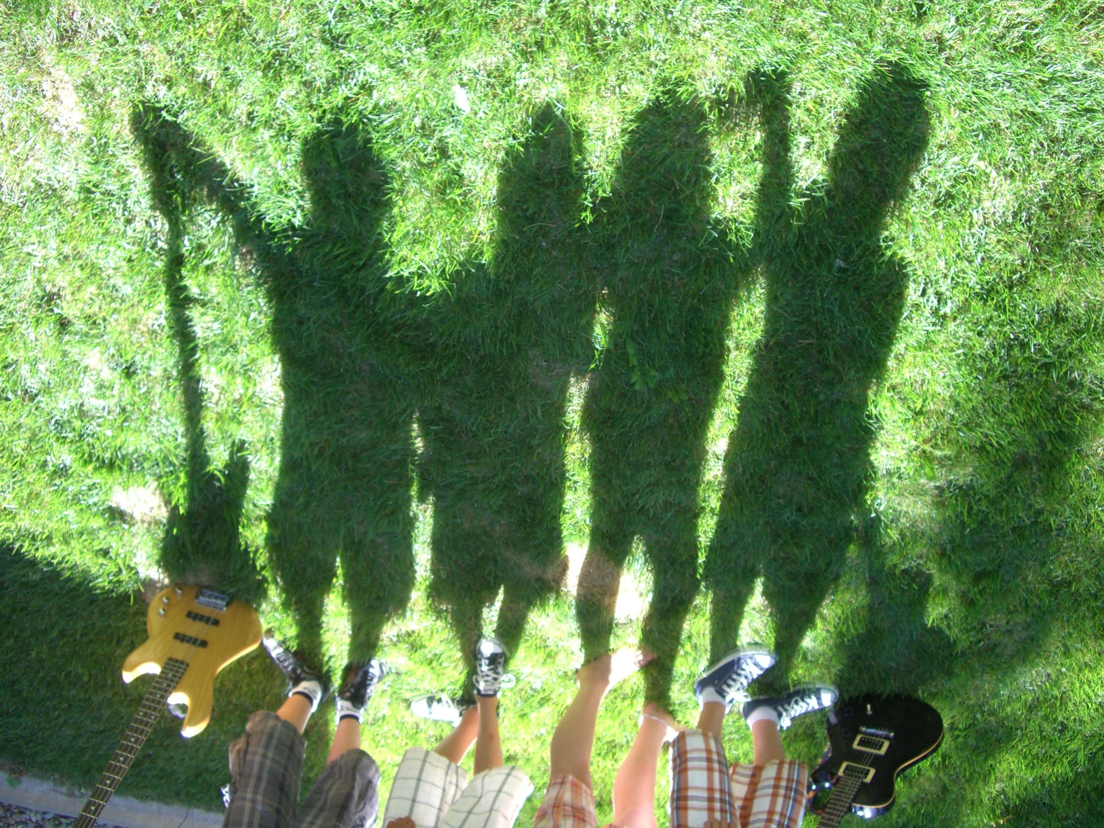 five people standing in front of grass with guitars