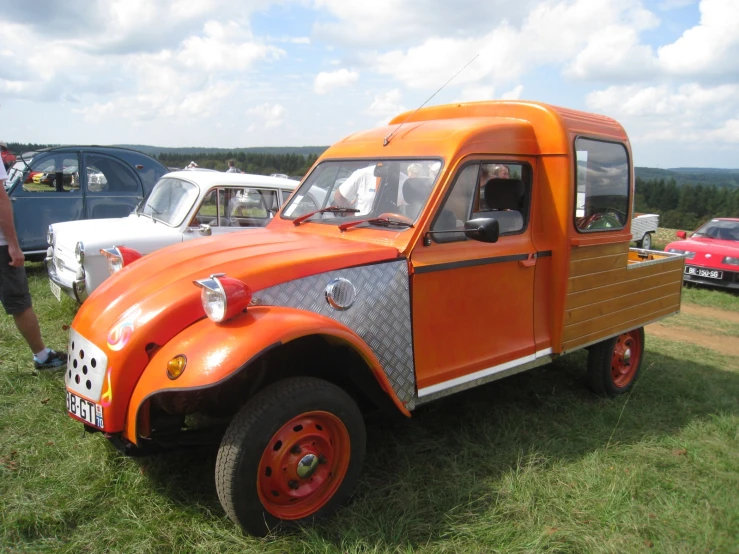 orange car parked in a grassy field next to other cars