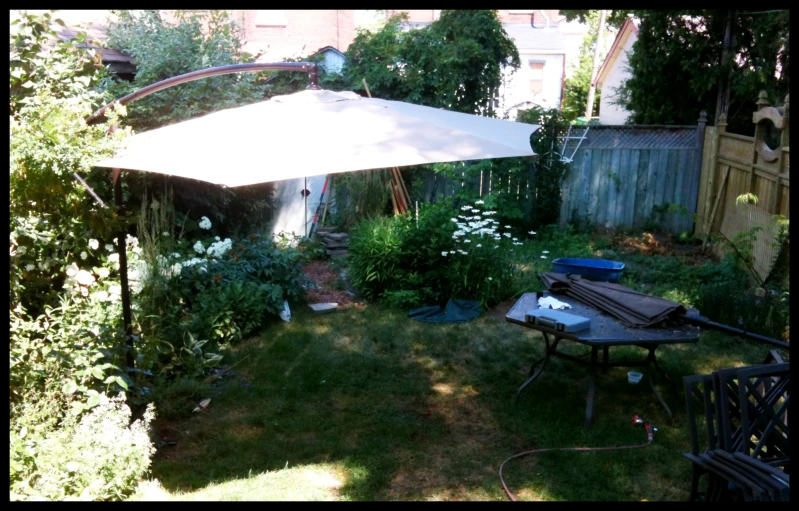 a white umbrella in a backyard next to some bushes