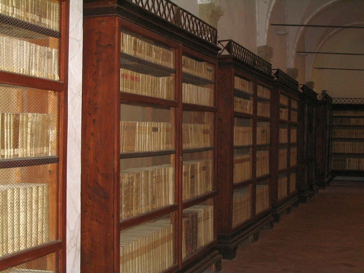 an image of several wood bookshelves in the middle of a hallway