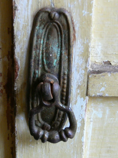 a close - up image of a metal door handle with rings