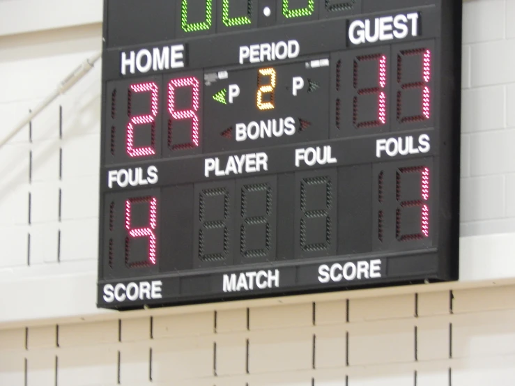 scoreboard hanging in a gymnasium saying a game is played