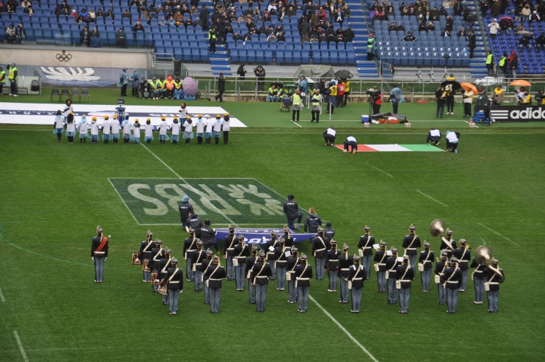 a large marching band performing at an nfl game