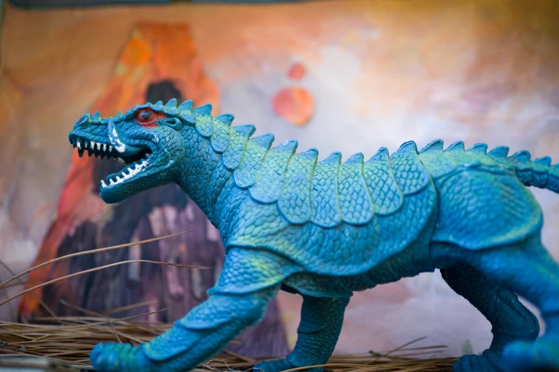 a toy dinosaur on display at a museum