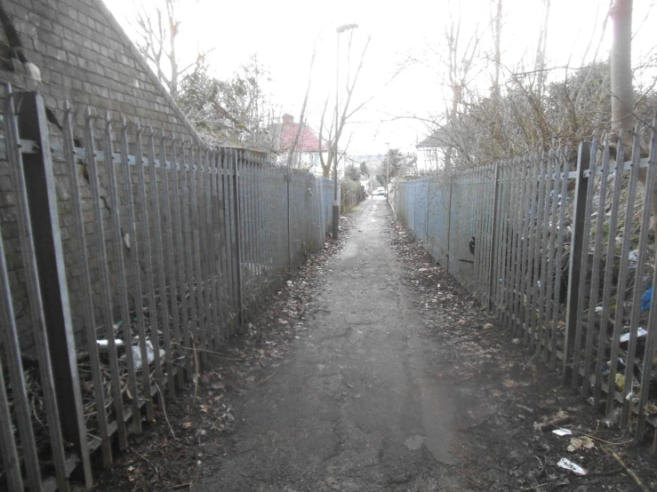 a narrow street lined with several metal gates