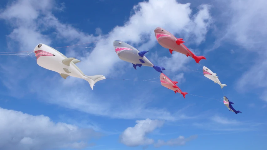 an image of fish shaped balloons in the air