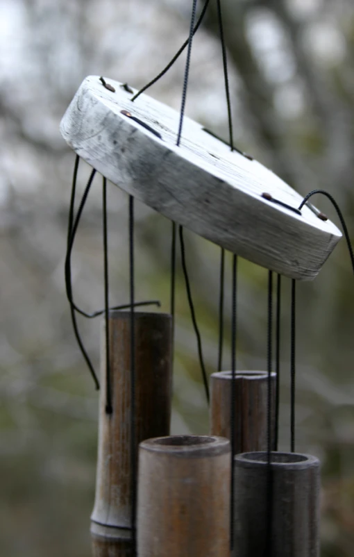 several wood and metal objects hanging from a tree