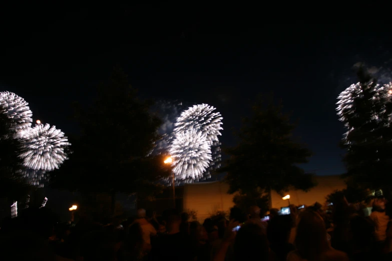 a crowd of people standing next to each other near fireworks