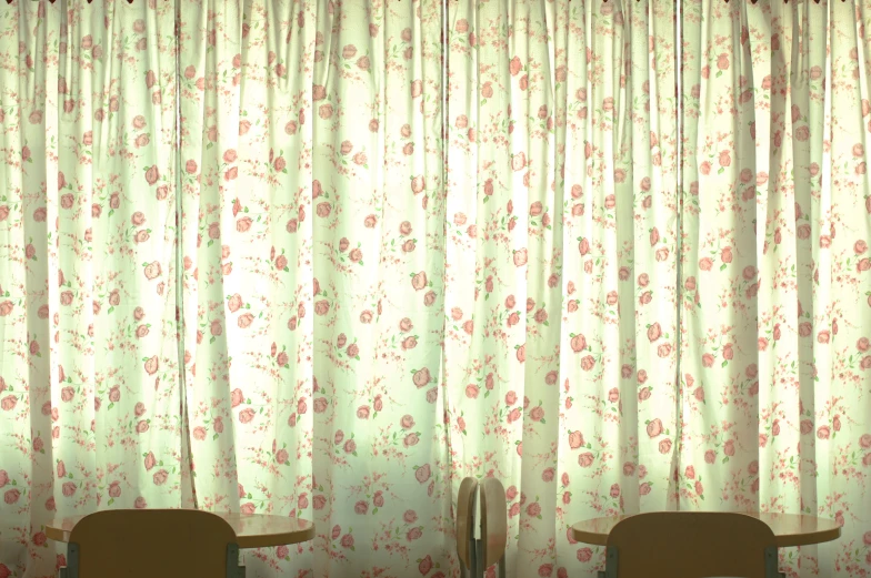 a pair of chairs are in front of a floral curtain