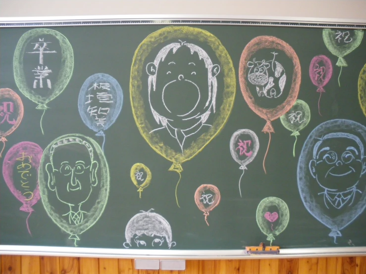 this drawing depicts the many different people and the color, drawn balloons on blackboard