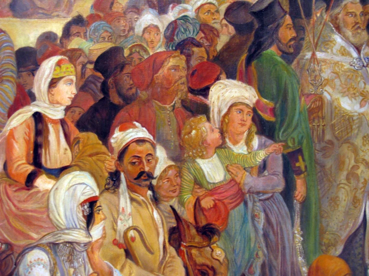 an oil painting shows people dressed in old times clothing and holding torches