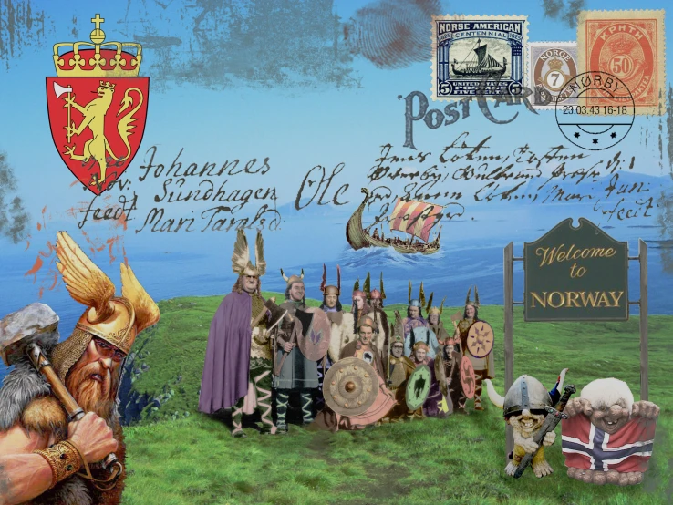 a painting of several soldiers and some other characters on a sign post