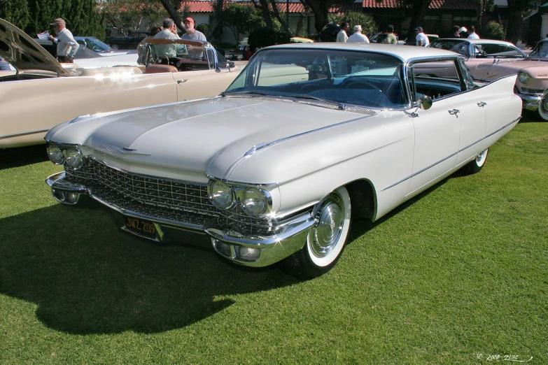 two classic cars are on display in a field