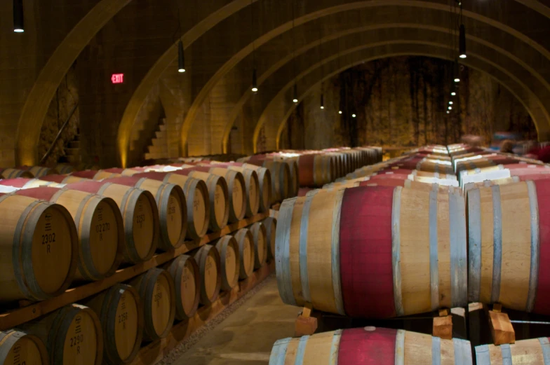 several barrels lined up in an old wine cellar