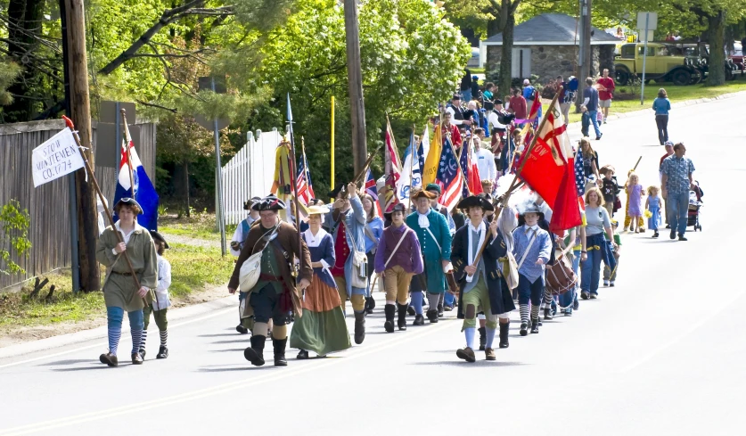 a parade in the country going by many people carrying flags