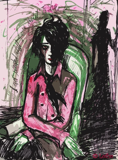 an illustration of a woman in pink and green with a man in the background