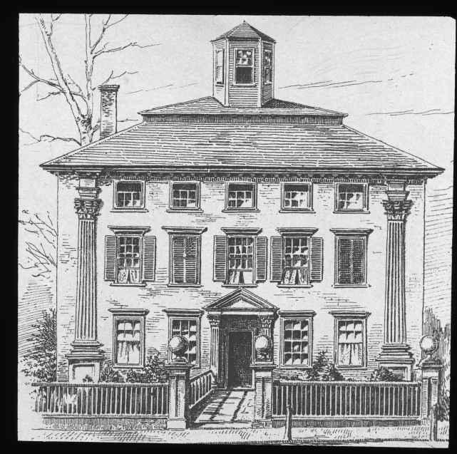 the drawing shows an old fashioned house with tall windows
