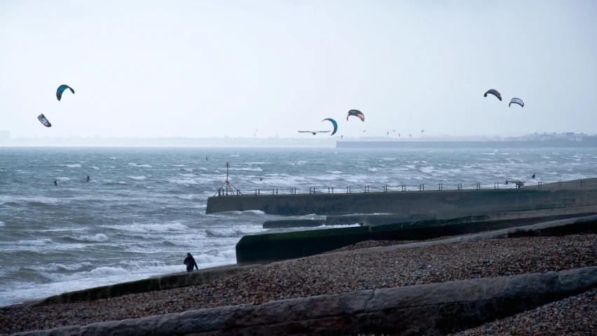 many kites are flown over the ocean water