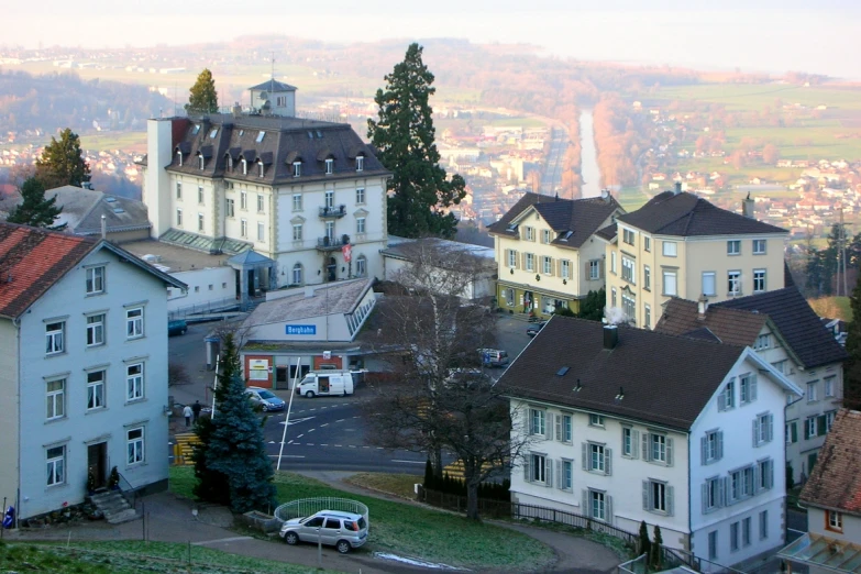 an urban area with buildings and a small road