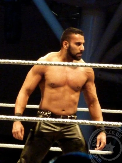 the wrestler is standing in the ring