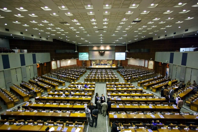 the view from above the room looking toward an auditorium