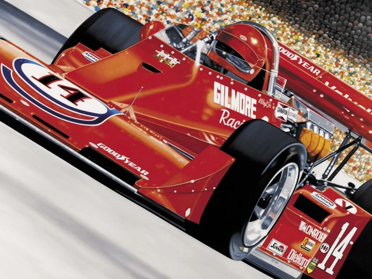 a painting of a red race car driving on the track