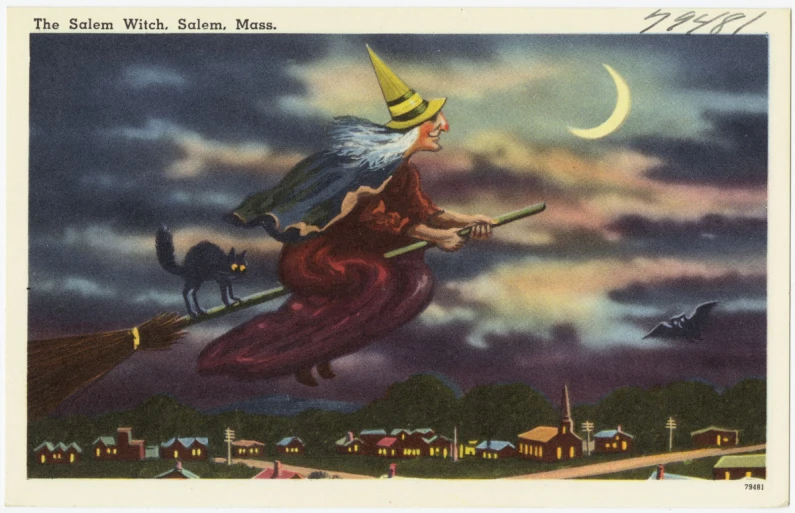 an artistic image of a woman holding a broom and standing on a hill