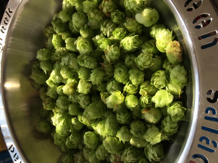 a large metal bowl containing steamed brussels sprouts