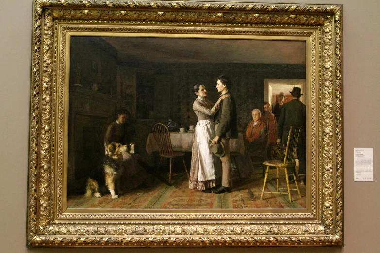 a painting of two people dancing in a room next to a small dog