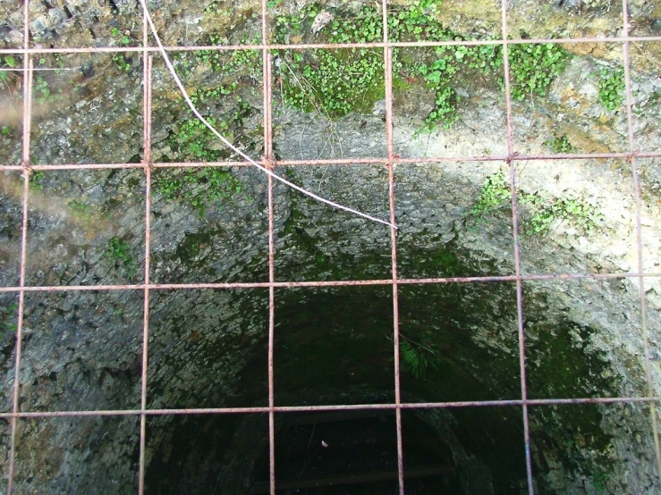 a close up image of a wire mesh over a well