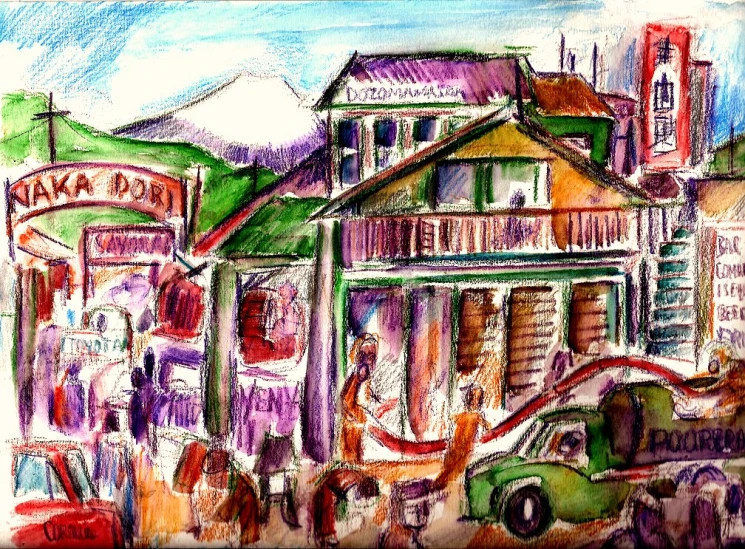 drawing of a building with cars and people in front