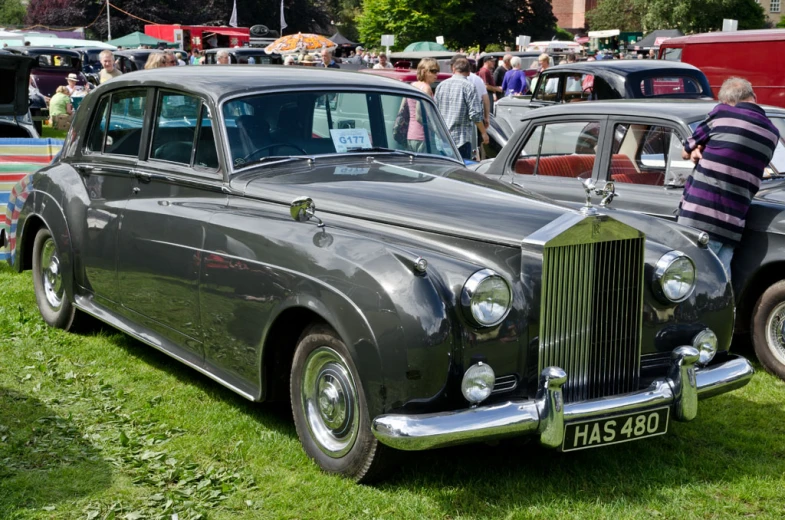 the classic cars are parked on the grassy field