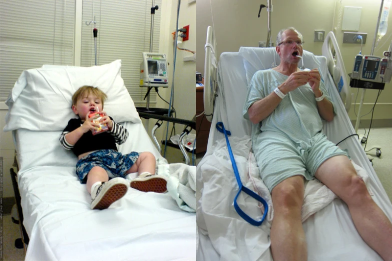 an old man in a hospital bed and a small child in a hospital bed