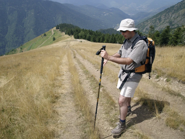 a man on a hiking trail looking at his phone